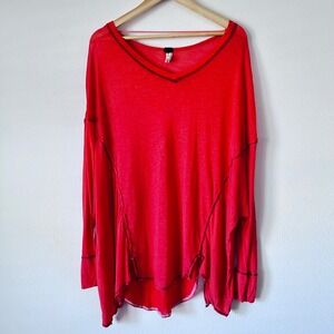 We The Free Red Size XS V Neck Long‎ Sleeve Oversized Distressed Tunic Top